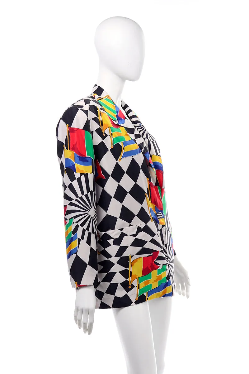 1980s Carol Horn Black & White Checked Silk Flag Print Blazer