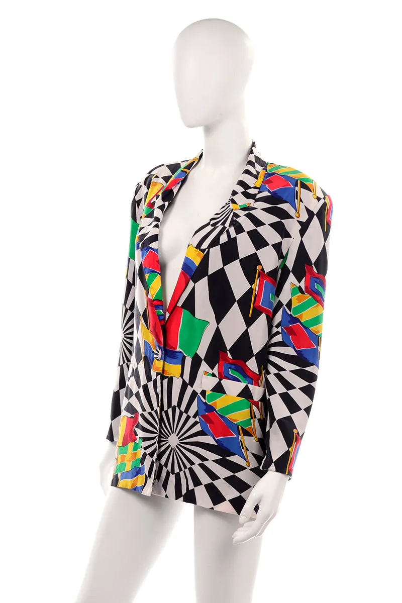 1980s Carol Horn Black & White Checked Silk Flag Print Blazer