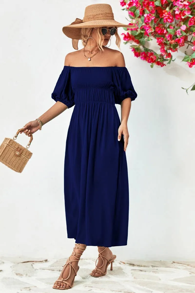 A STRAIGHT SHOULDER SHORT SLEEVE LONG DRESS_CWDMD1212