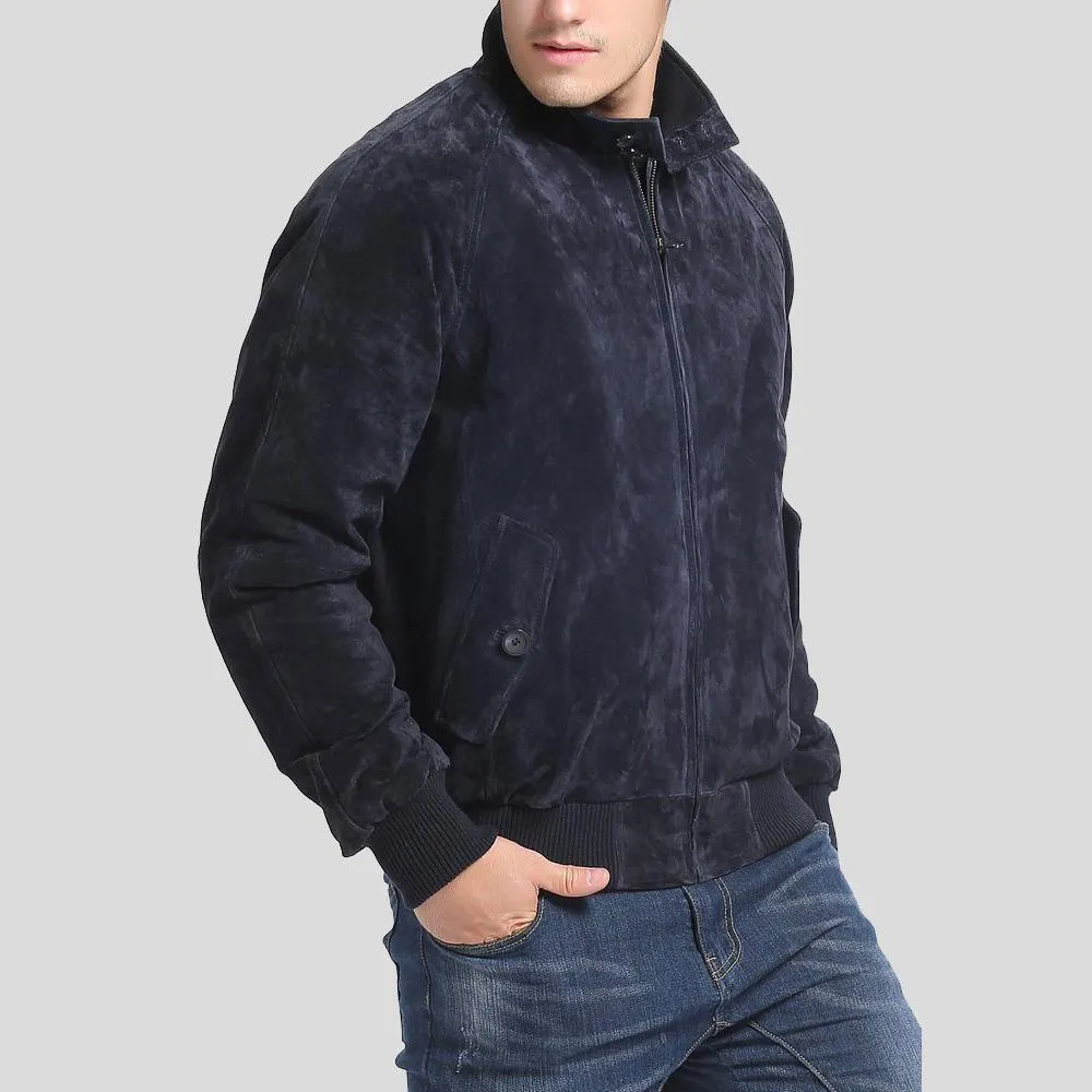 Admiral Navy Blue Suede Bomber Leather Jacket