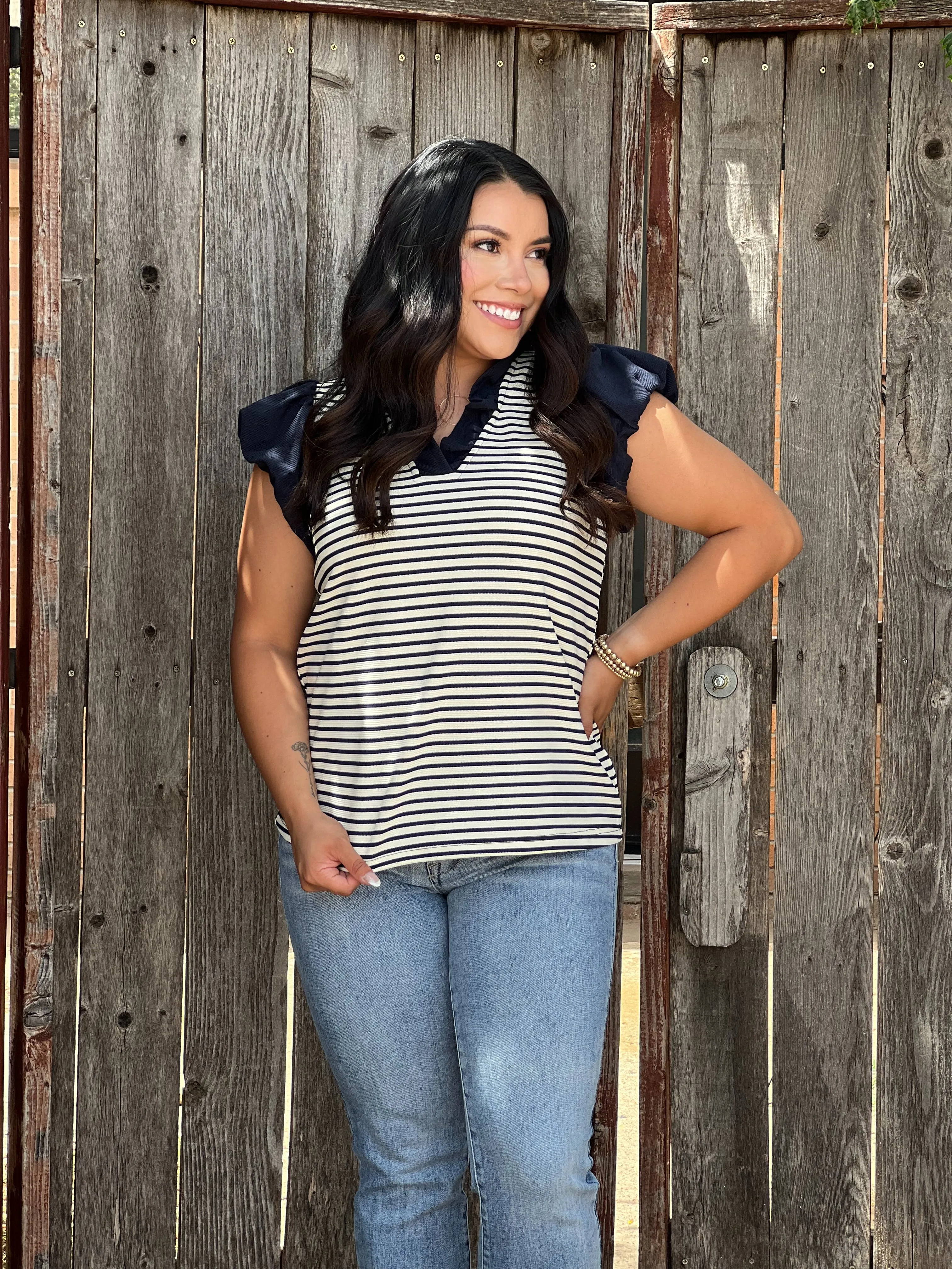 Alex Navy & Cream Stripe Ruffle Blouse