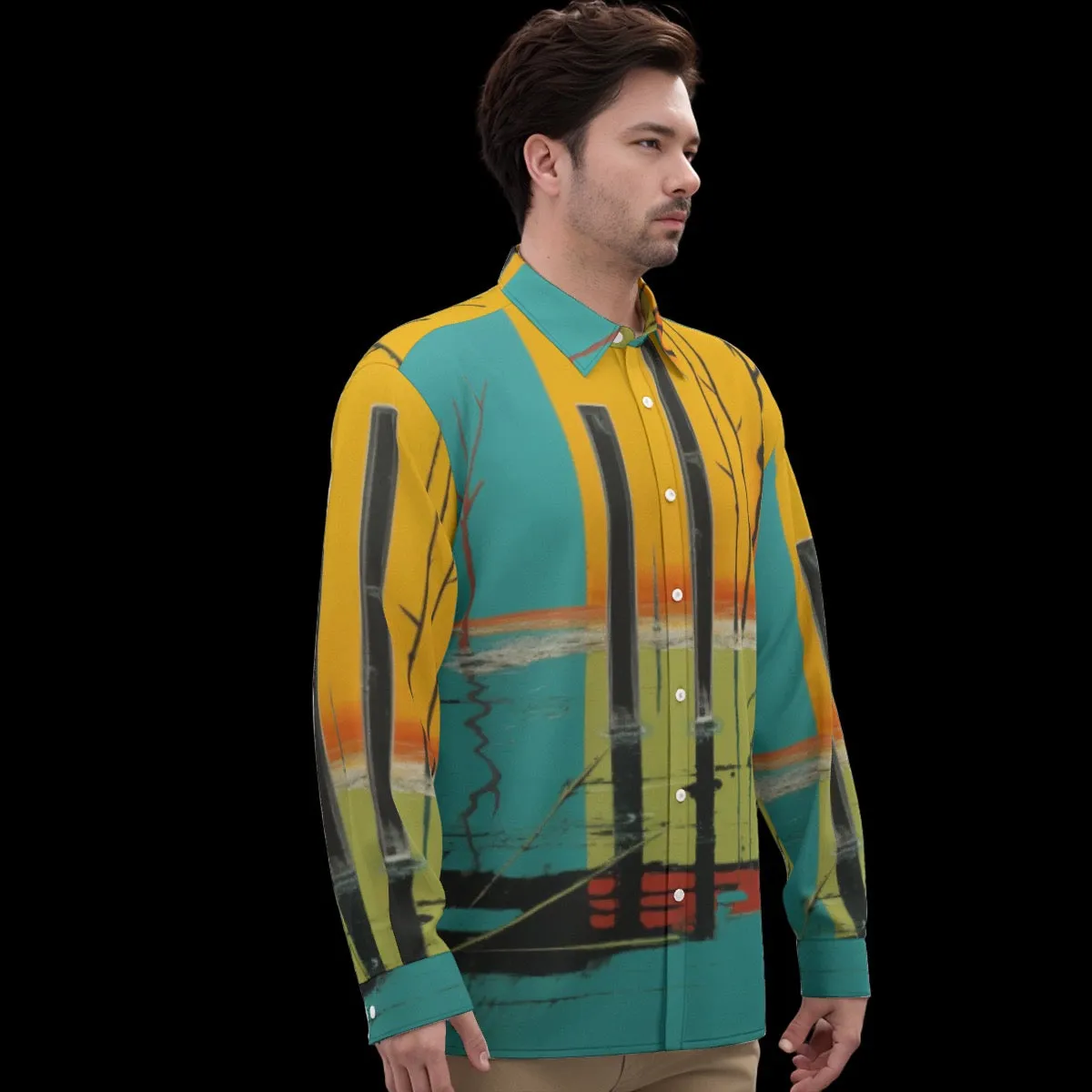 All-Over Print Men's Imitation Silk Long-Sleeved Shirt J 17 aqua, yellow  abstract