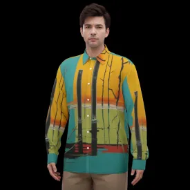 All-Over Print Men's Imitation Silk Long-Sleeved Shirt J 17 aqua, yellow  abstract