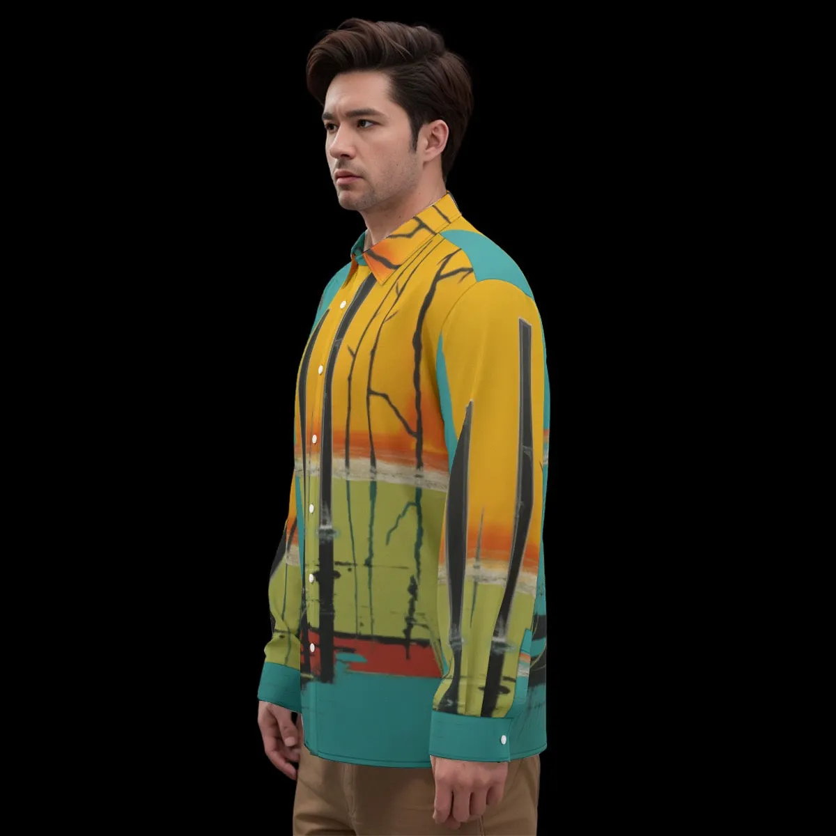 All-Over Print Men's Imitation Silk Long-Sleeved Shirt J 17 aqua, yellow  abstract