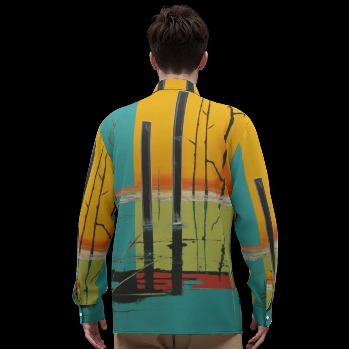 All-Over Print Men's Imitation Silk Long-Sleeved Shirt J 17 aqua, yellow  abstract