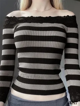 Amy Fashion - Casual Long Sleeve Retro Striped Off-Shoulder T-Shirts