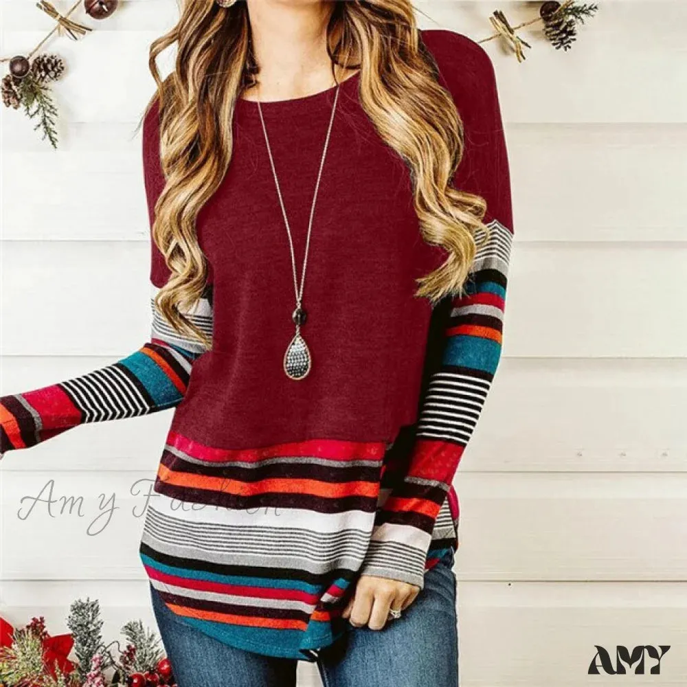 Amy Fashion - Striped Women Splicing Long Sleeve Top