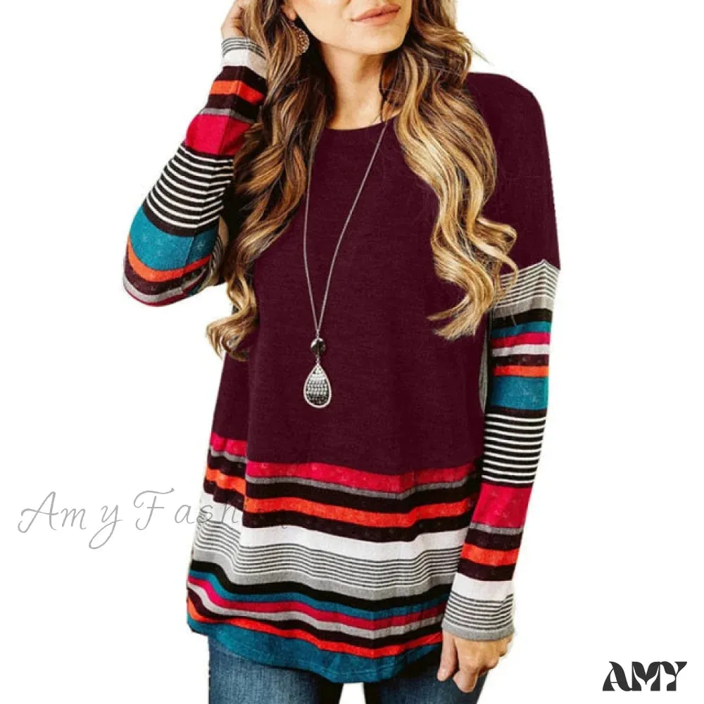 Amy Fashion - Striped Women Splicing Long Sleeve Top