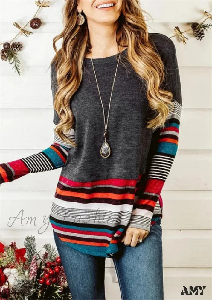 Amy Fashion - Striped Women Splicing Long Sleeve Top