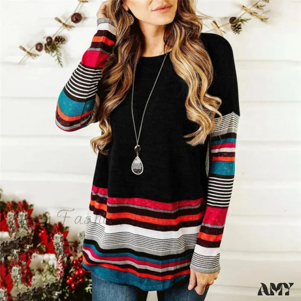 Amy Fashion - Striped Women Splicing Long Sleeve Top