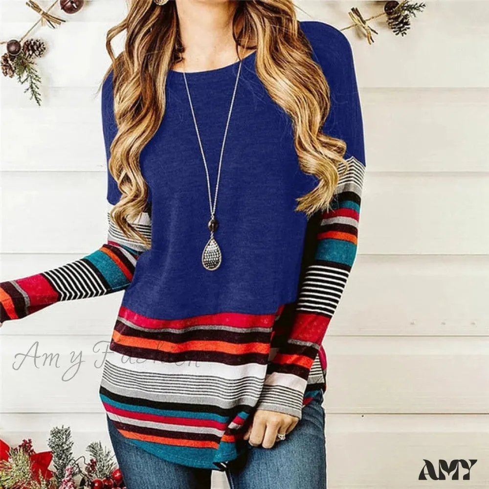 Amy Fashion - Striped Women Splicing Long Sleeve Top