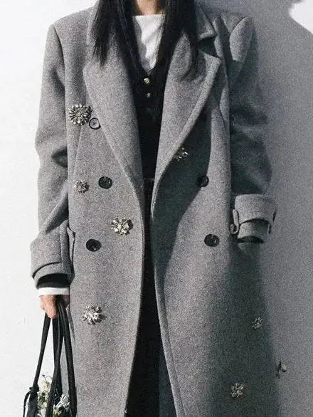 Applique-Embellished Double-Breasted Wool-Blend Coat