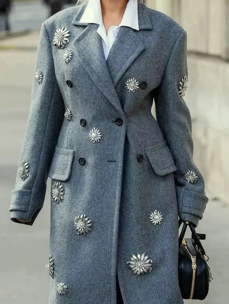 Applique-Embellished Double-Breasted Wool-Blend Coat