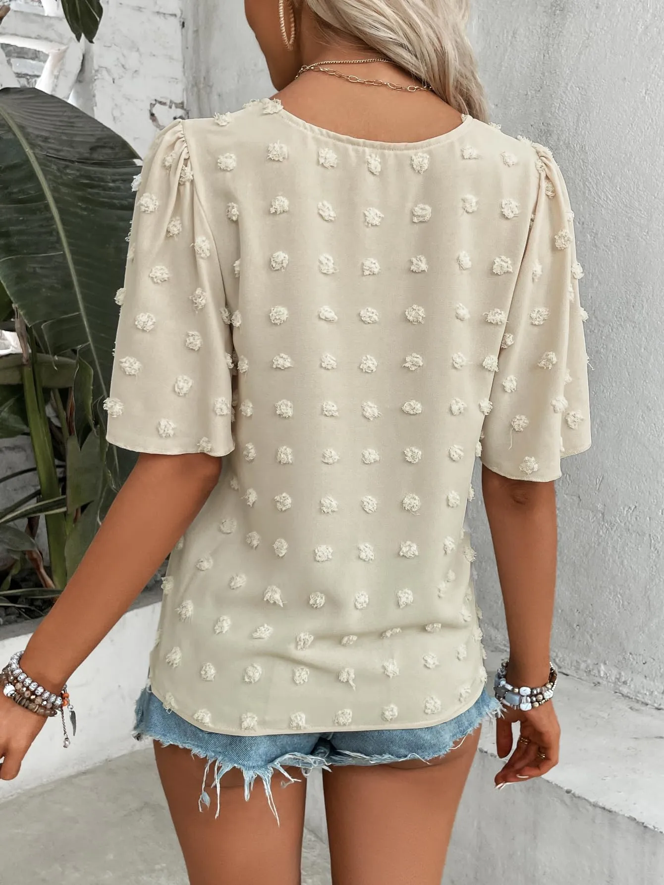 BEAUDRM Women's Swiss Dots Blouse Short Sleeve Round Neck Contrast Lace Work Shirts Top Beige X-Large