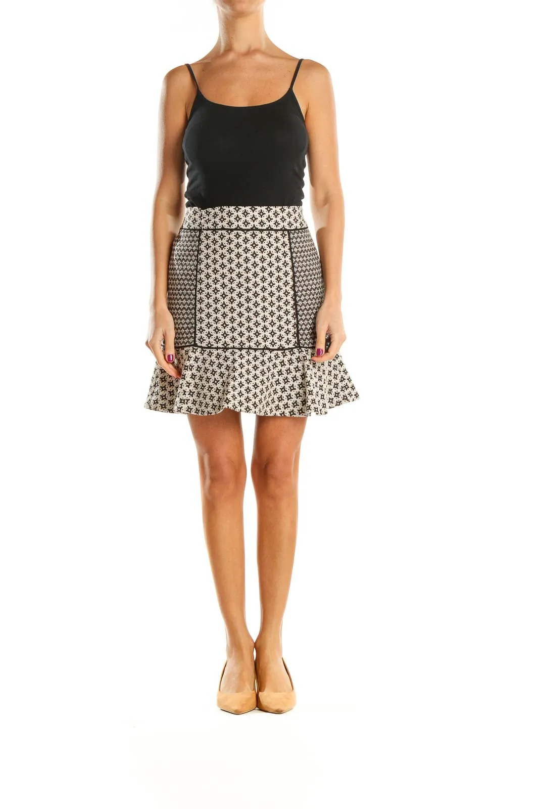 Beige Printed Chic A-Line Skirt