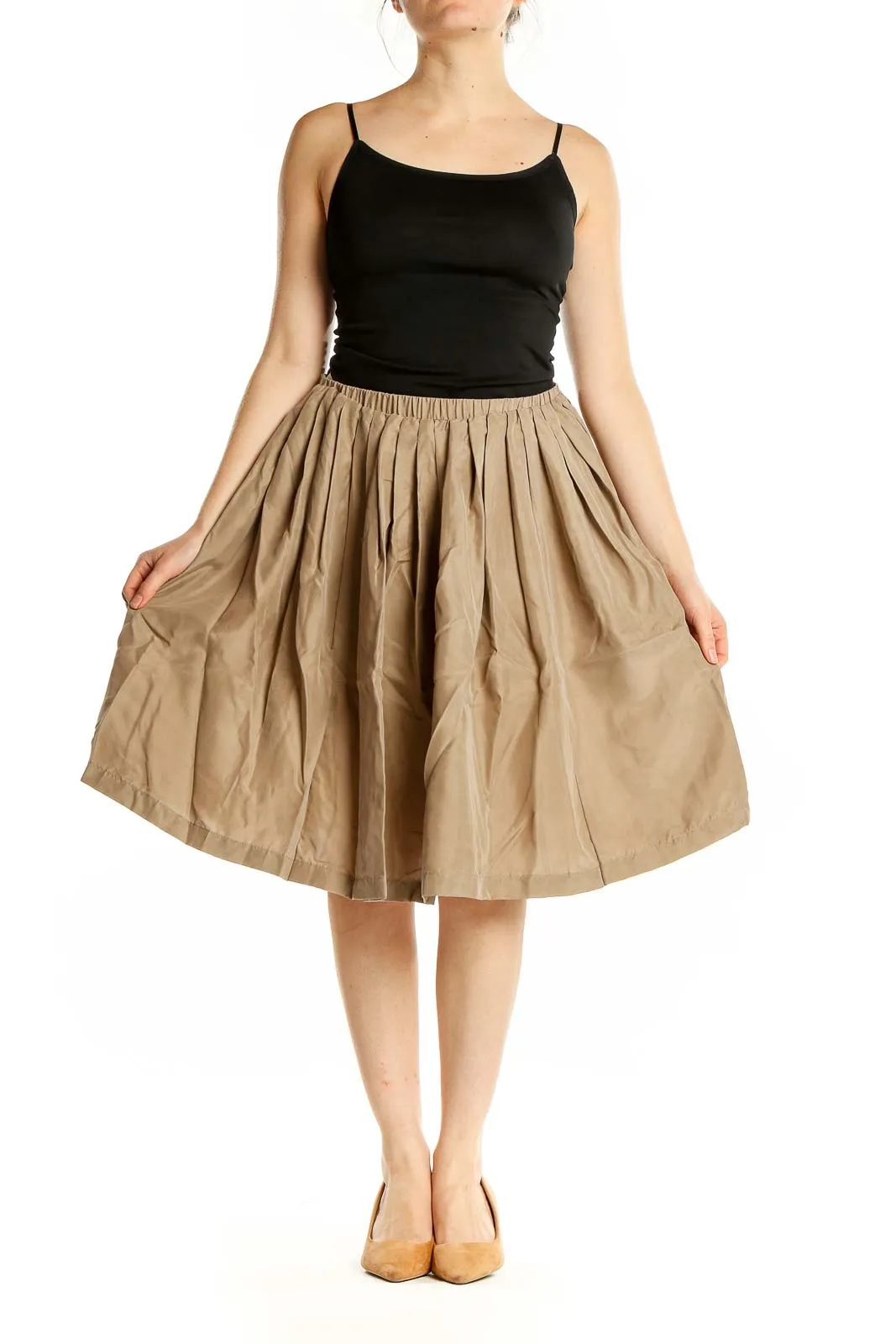 Beige Silk Pleated Midi Skirt