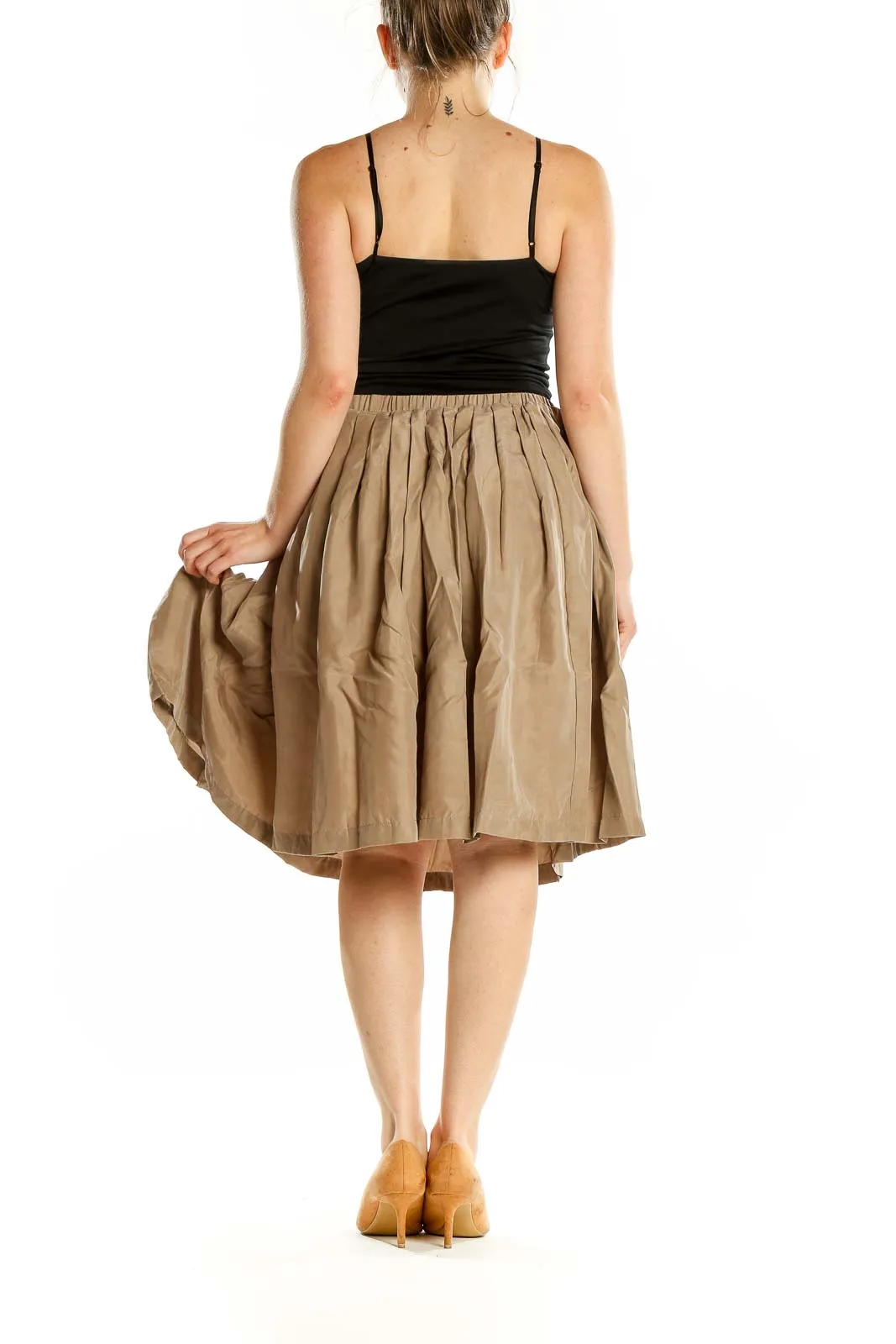 Beige Silk Pleated Midi Skirt