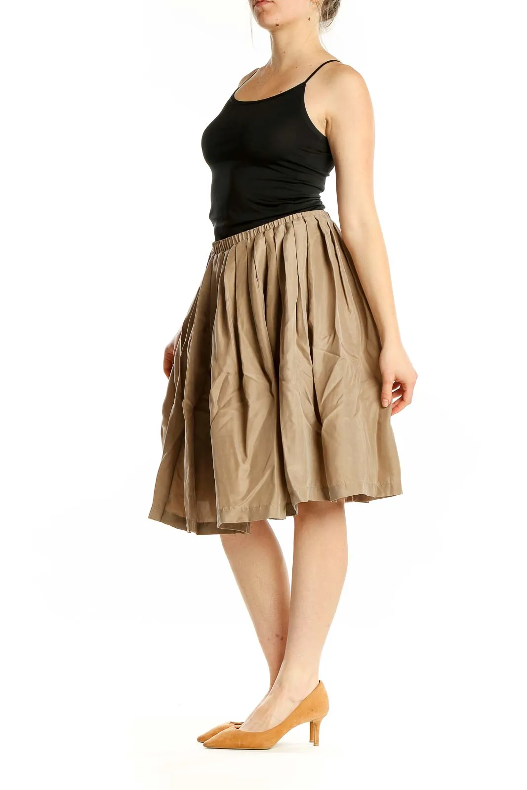 Beige Silk Pleated Midi Skirt