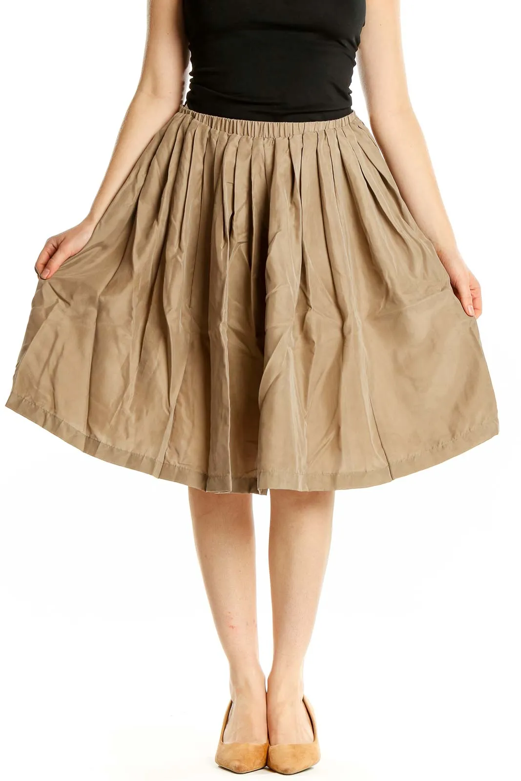 Beige Silk Pleated Midi Skirt