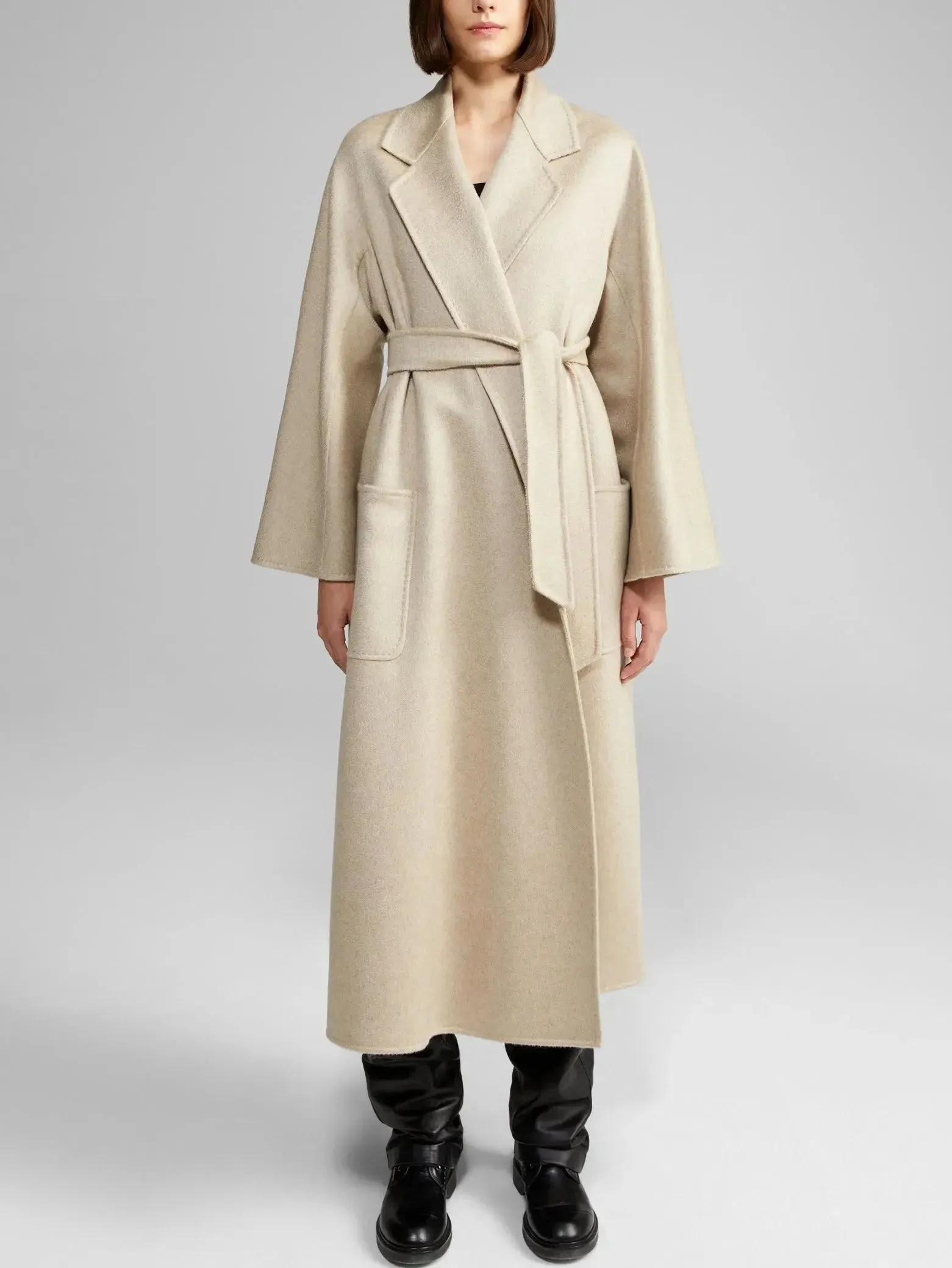 Belted Cashmere and Wool Coat in Sand Beige