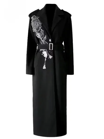 Belted Long Embroidered Wool-Blend Coat