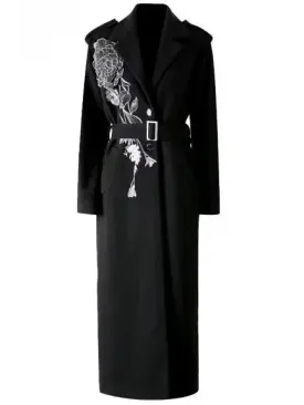 Belted Long Embroidered Wool-Blend Coat