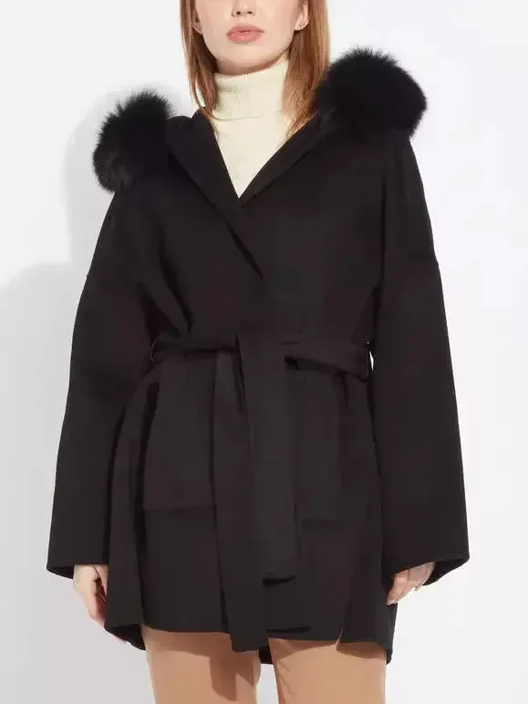 Belted Short Wool Cashmere Coat with Fur-Trim Hood in Black