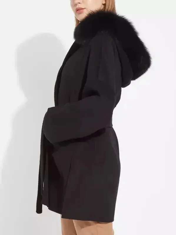 Belted Short Wool Cashmere Coat with Fur-Trim Hood in Black