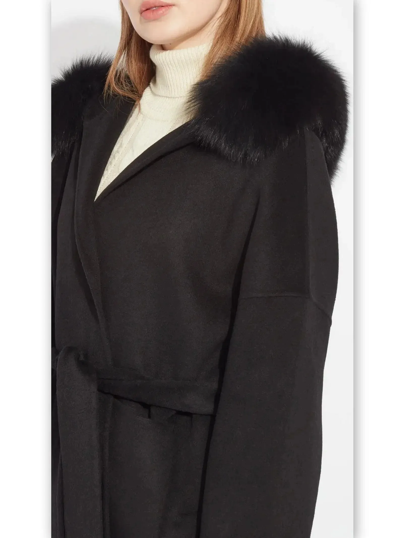 Belted Short Wool Cashmere Coat with Fur-Trim Hood in Black