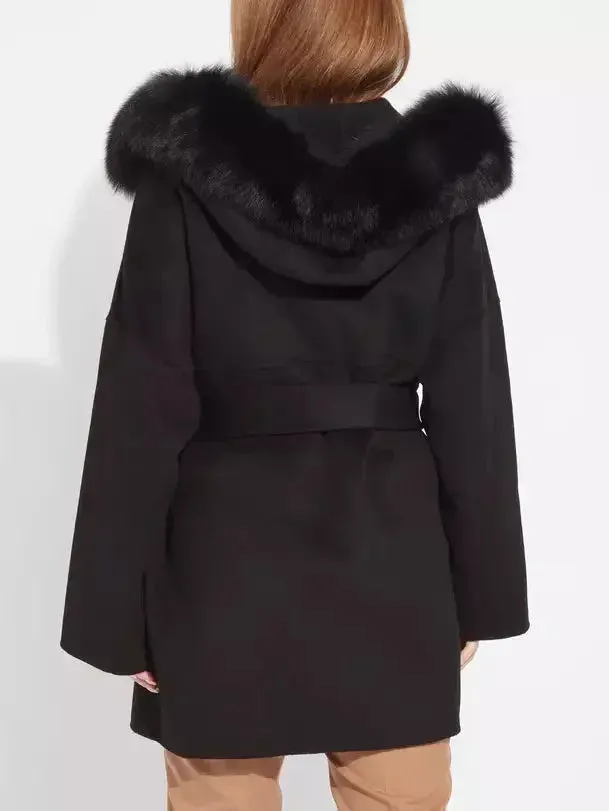 Belted Short Wool Cashmere Coat with Fur-Trim Hood in Black