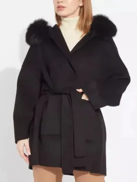 Belted Short Wool Cashmere Coat with Fur-Trim Hood in Black