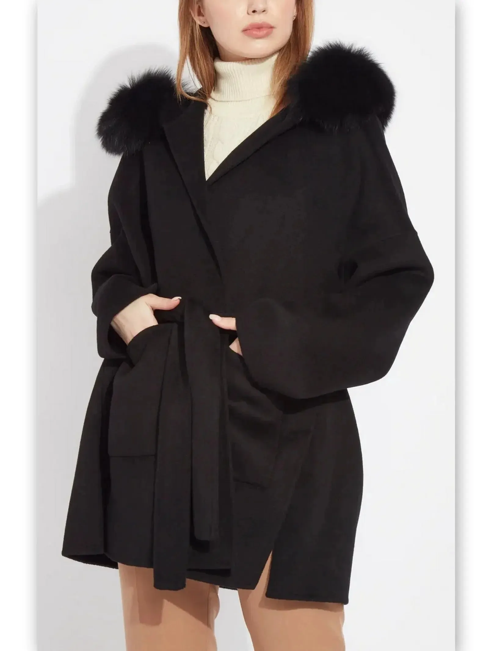 Belted Short Wool Cashmere Coat with Fur-Trim Hood in Black