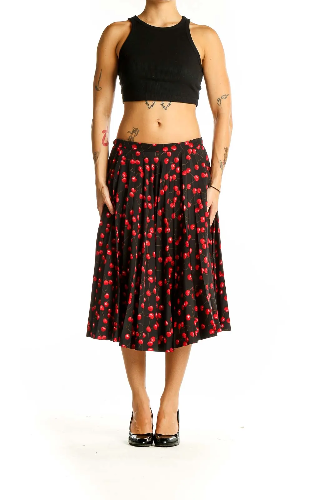 Black and Red Cherry Print Midi Skirt