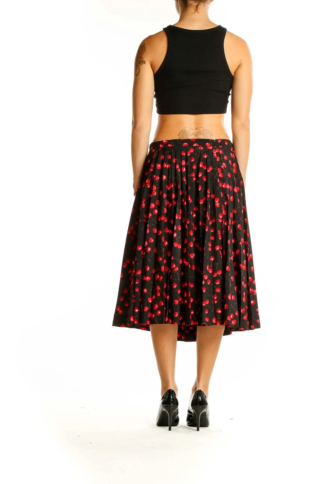 Black and Red Cherry Print Midi Skirt