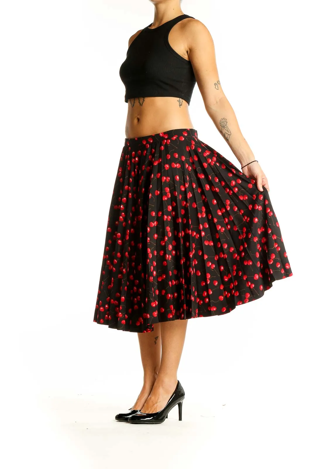 Black and Red Cherry Print Midi Skirt