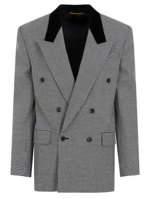 Black Checked Double-Breasted Wool Blazer with Velvet Collar