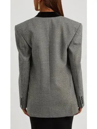 Black Checked Double-Breasted Wool Blazer with Velvet Collar