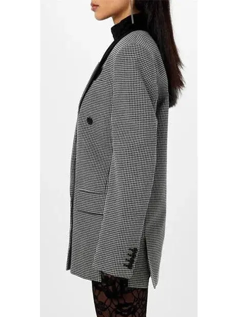 Black Checked Double-Breasted Wool Blazer with Velvet Collar