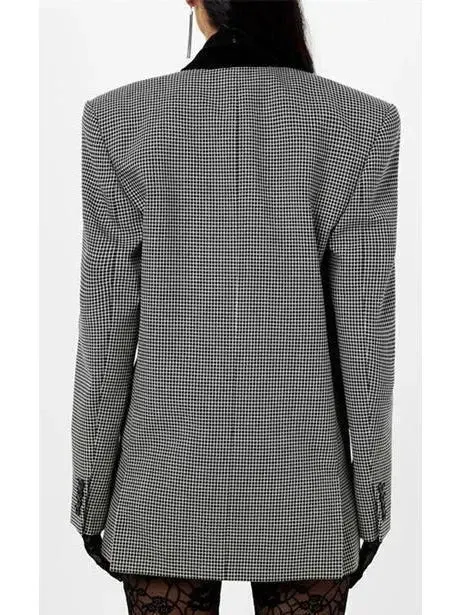 Black Checked Double-Breasted Wool Blazer with Velvet Collar