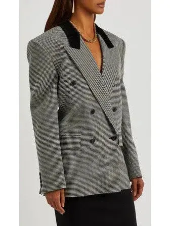 Black Checked Double-Breasted Wool Blazer with Velvet Collar