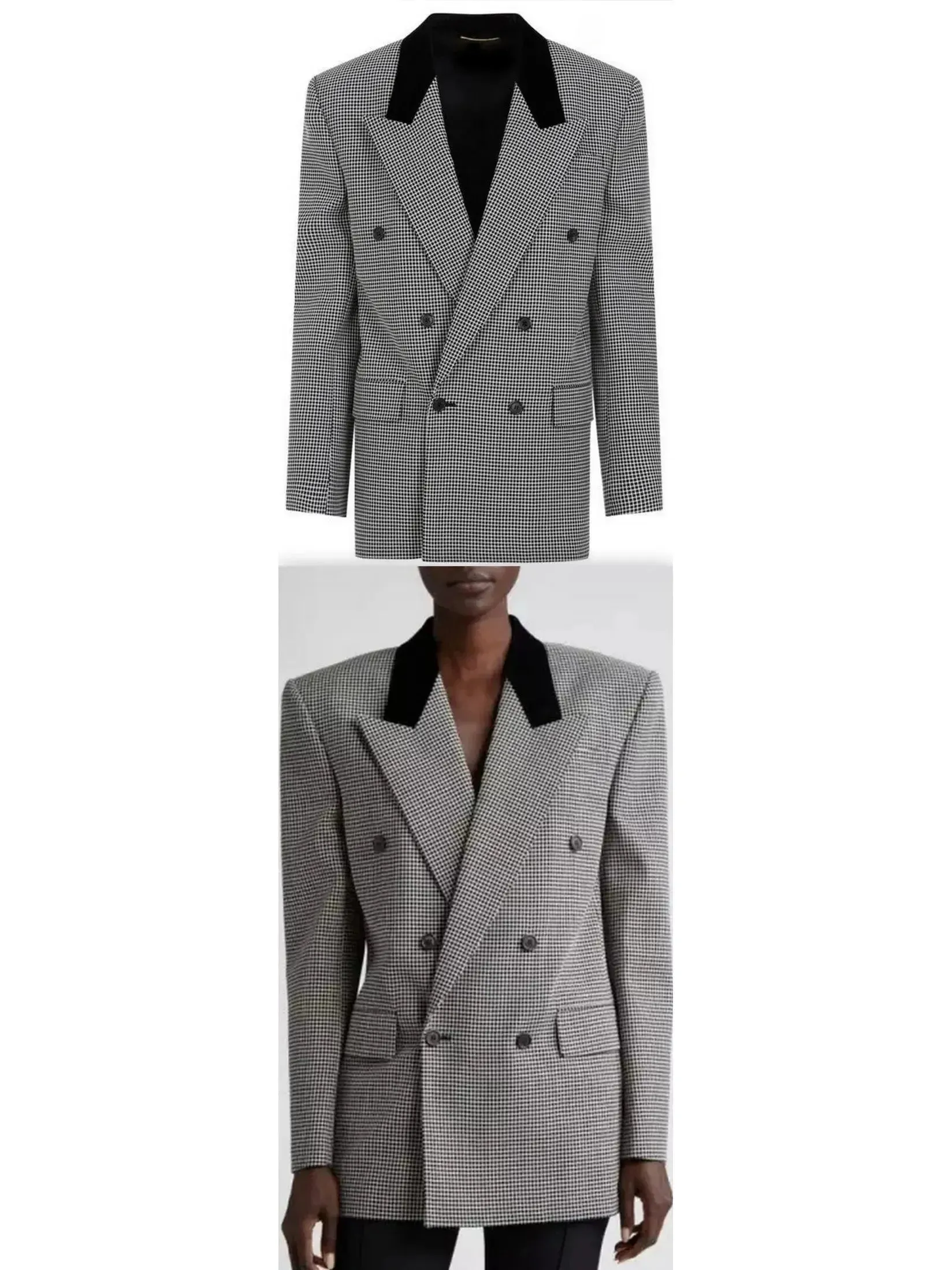 Black Checked Double-Breasted Wool Blazer with Velvet Collar