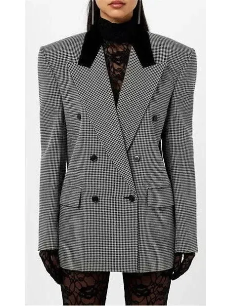 Black Checked Double-Breasted Wool Blazer with Velvet Collar