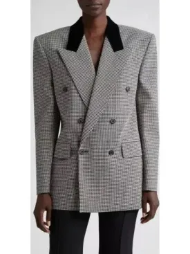 Black Checked Double-Breasted Wool Blazer with Velvet Collar