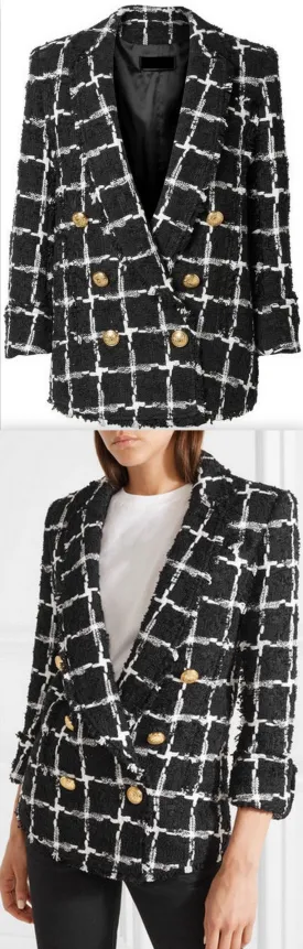 Black Double-Breasted Checked Tweed Blazer