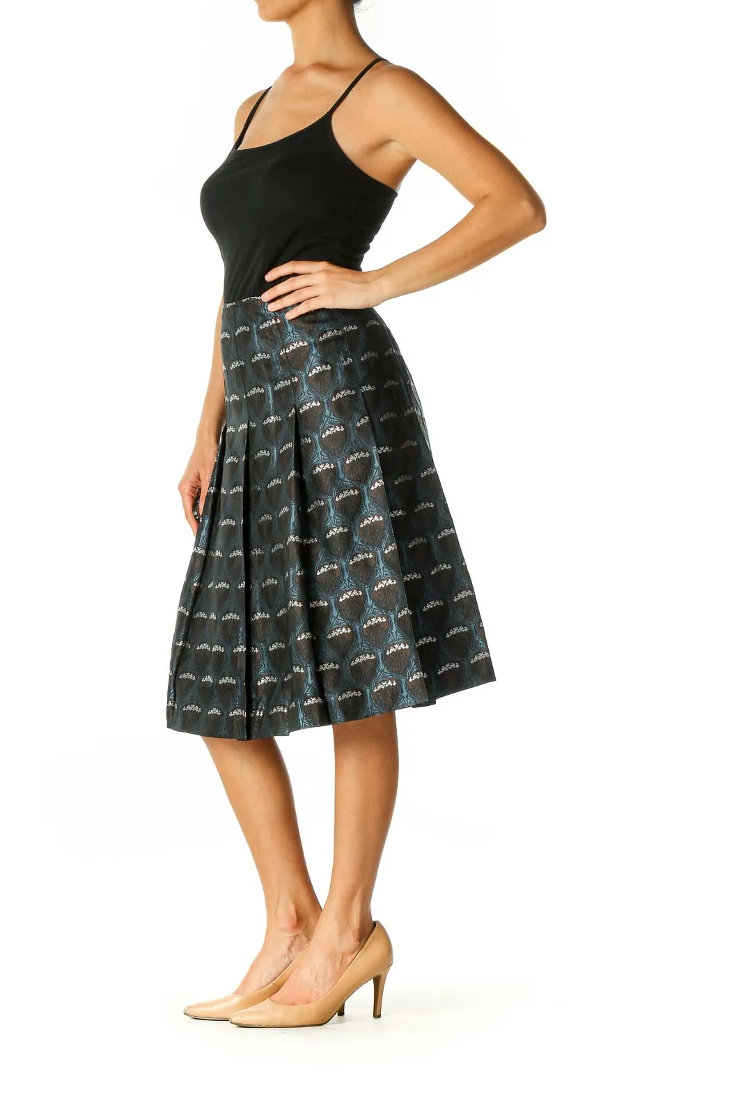 Black Printed Party Pleated Skirt