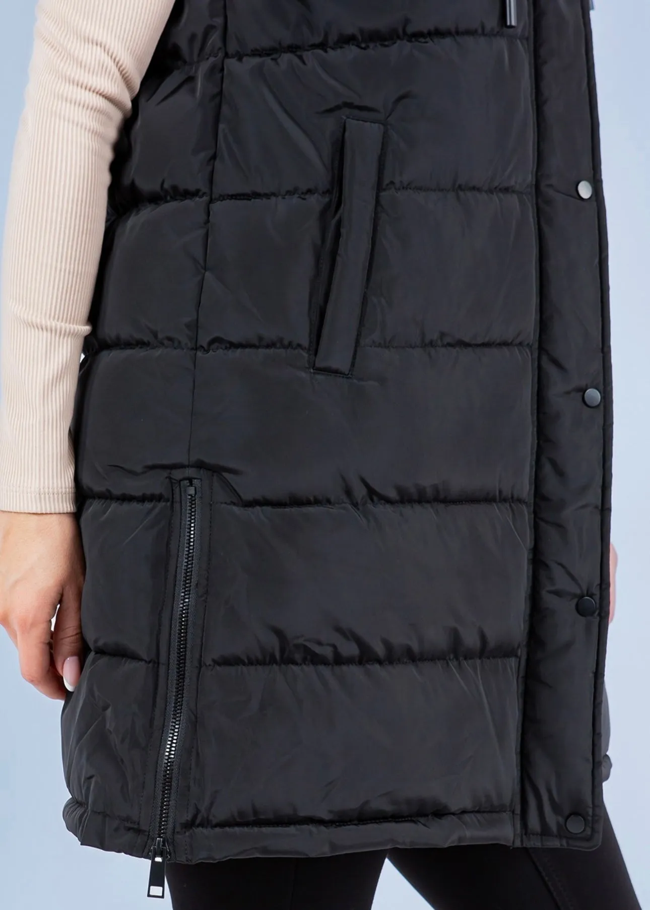 Black The Clarissa Long Hooded Side Zip Puffer Vest