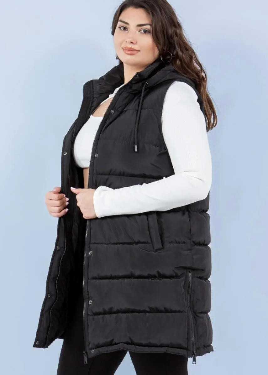 Black The Clarissa Long Hooded Side Zip Puffer Vest