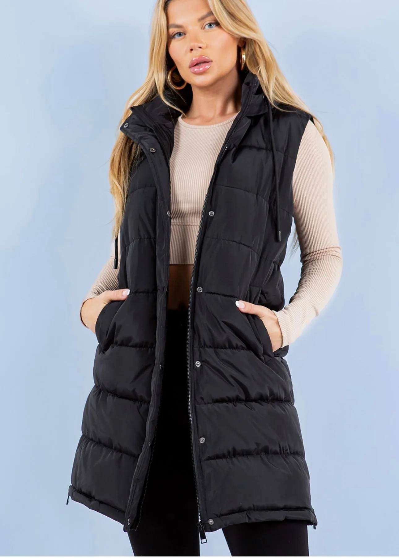 Black The Clarissa Long Hooded Side Zip Puffer Vest