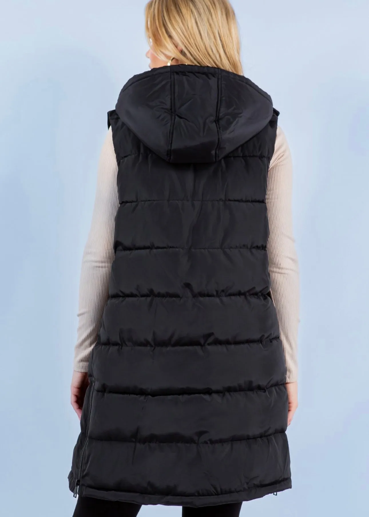 Black The Clarissa Long Hooded Side Zip Puffer Vest