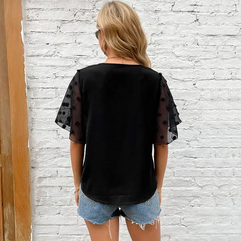 BLACK V-NECK GAUZE SEE-THROUGH BLOUSE_CWTBLS0874